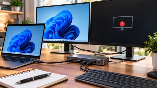 Windows 11 laptop connected to a USB-C docking station and dual monitors, with one monitor active and another showing a display warning
