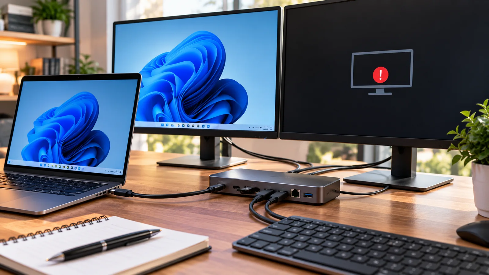 External Monitor Not Detected Through USB-C Dock? Diagnose and Fix It on Windows 11 1 Windows 11 laptop connected to a USB-C docking station and dual monitors, with one monitor active and another showing a display warning