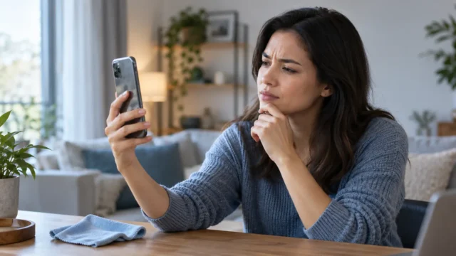 A person holding a smartphone upright toward their face while checking facial recognition