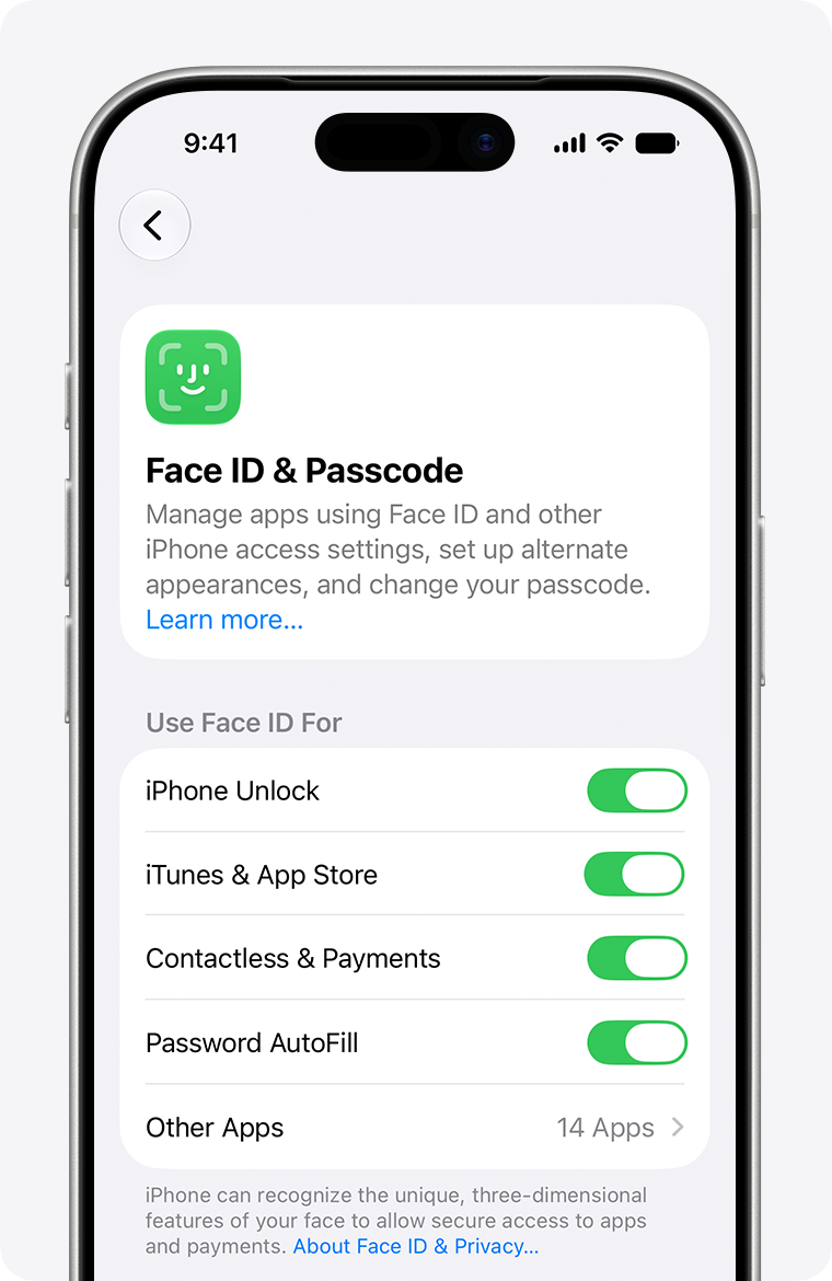 Face ID Not Working on iPhone? Diagnose and Fix It 2 Apple Support screenshot showing the Face ID and Passcode settings page on an iPhone
