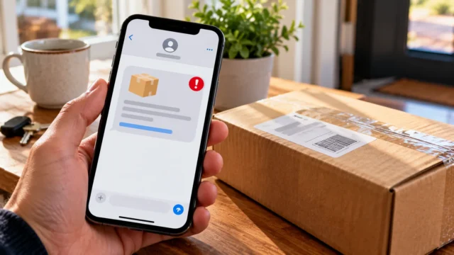 Smartphone showing a generic parcel delivery alert beside a cardboard package on a wooden table