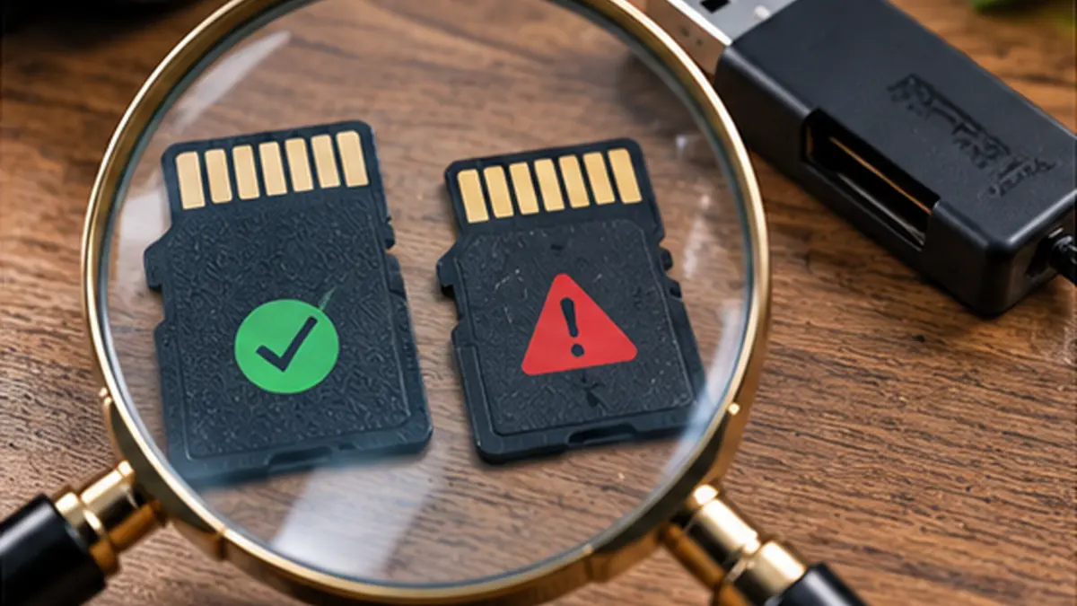 MicroSD cards under a magnifying glass next to a reader to compare authentic and suspicious cards