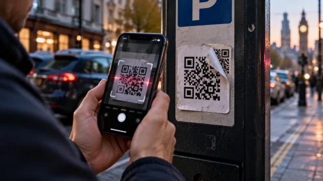 Suspicious QR sticker layered over a parking meter code while a person checks it with a smartphone at dusk; AI-generated illustration