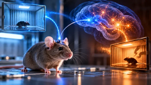 صورة تعبيرية لفأر مختبر مع ألياف ضوئية ومسارات عصبية متوهجة وغرفتين تمثلان سياقًا آمنًا وسياق خوف؛ ليست تصويرًا للتجربة الفعلية