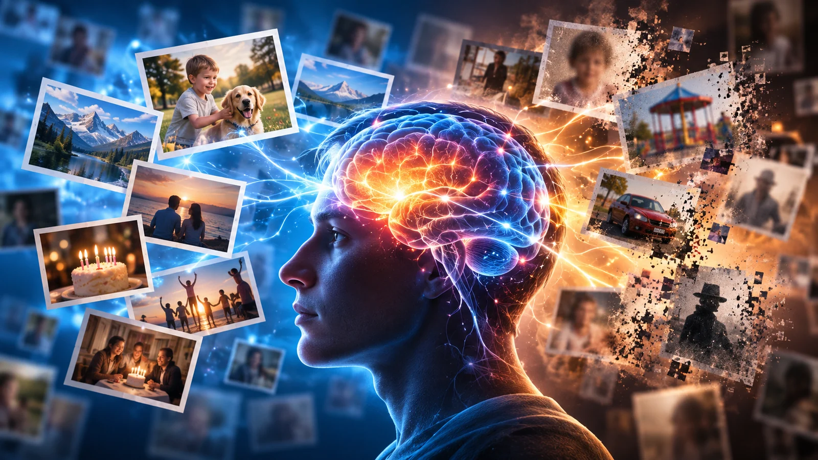 How False Memories Form: Why the Brain Remembers Things That Never Happened 1 Glowing human brain with neural connections representing reconstructive memory and false recollections