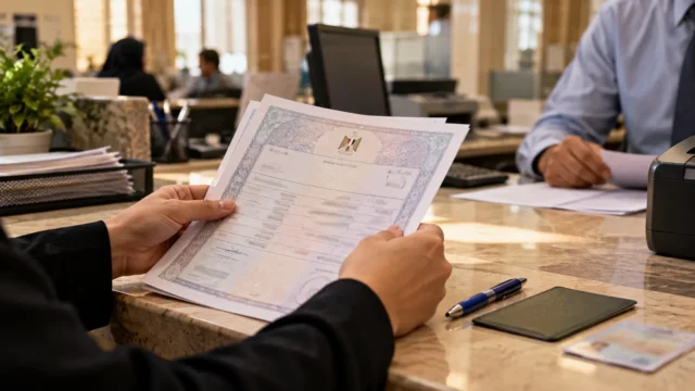 مواطن يتسلم مستند قيد عائلي من موظف بمكتب حكومي للأحوال المدنية