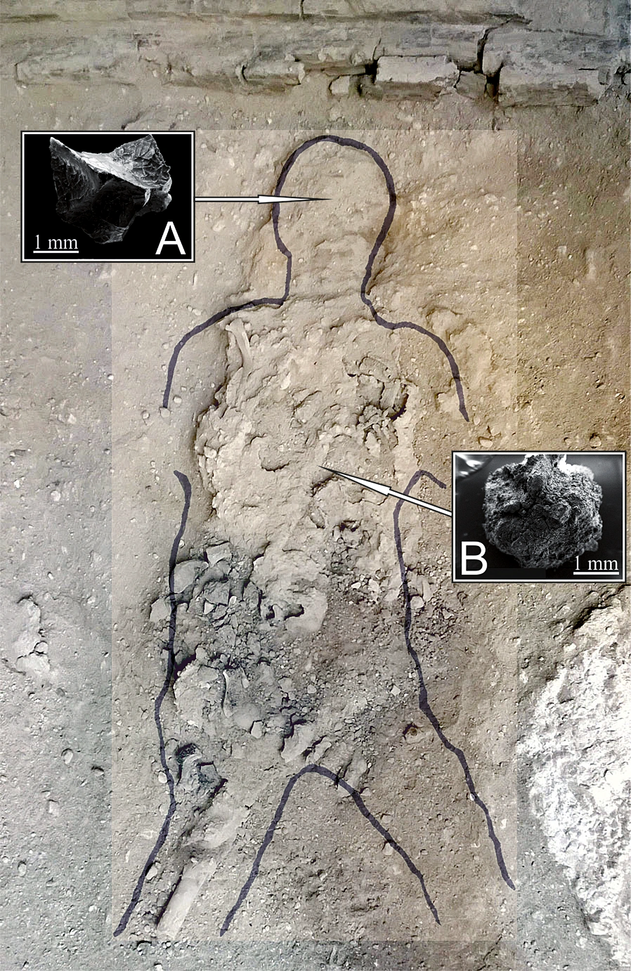 Figure 1 from a 2020 PLOS ONE paper showing the archaeological setting of the victim, a body-position schematic and samples from the skull and spine