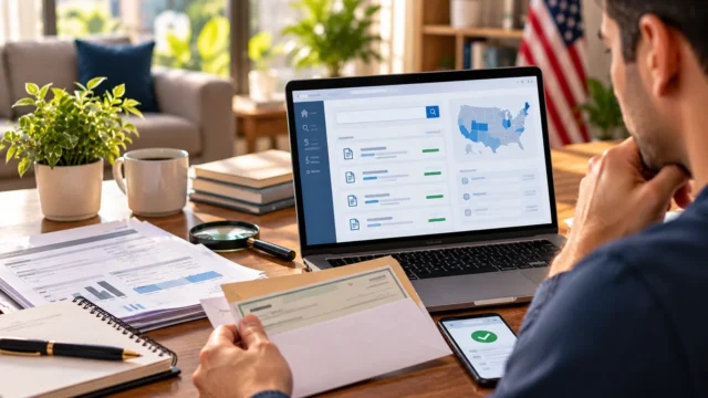 A man reviewing unclaimed-property search results, account paperwork and an envelope on a home-office desk with a U.S. map on a laptop
