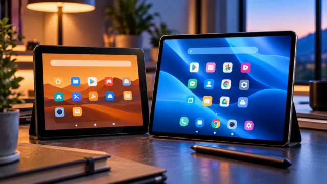 Two modern tablets side by side representing an older Amazon-style tablet and a newer full Android tablet
