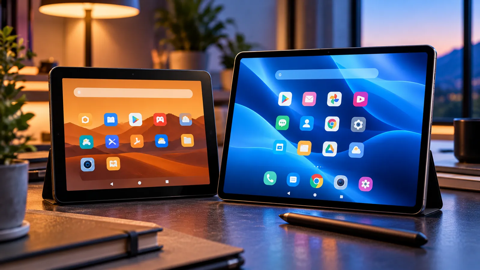 Two modern tablets side by side representing an older Amazon-style tablet and a newer full Android tablet