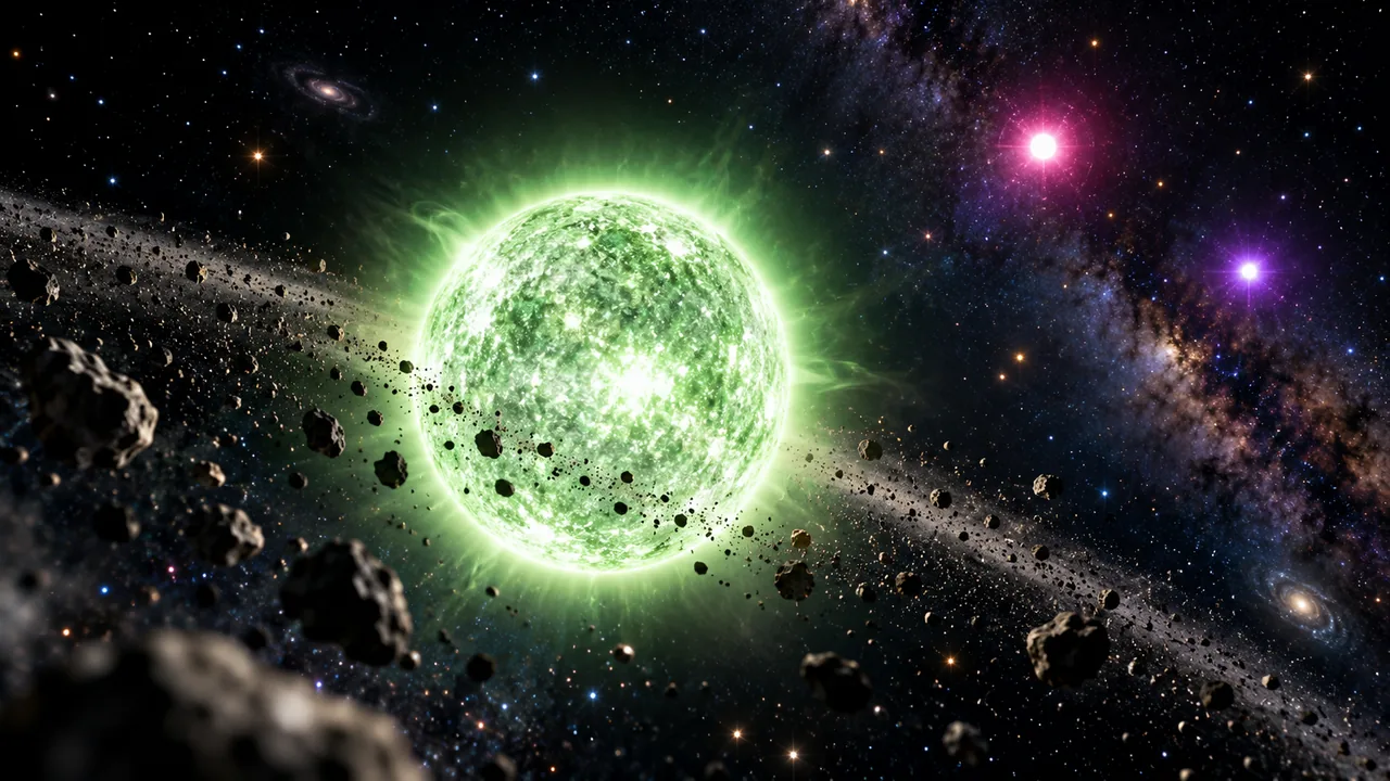 Scientists Discover the First Green Star: Why White Dwarfs Can Be Pink, Purple and Green 1 Artistic illustration of a glowing pale green white dwarf surrounded by rocky planetary debris in space