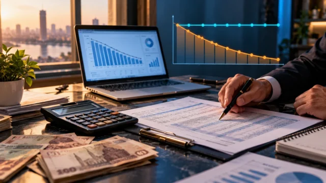 مكتب يضم آلة حاسبة وعقد قرض وحاسوبًا يعرض رسوم سداد الدين مع خطين لمقارنة الفائدة الثابتة والمتناقصة