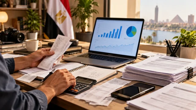مستقل يعمل على تنظيم إيراداته ومصروفاته أمام لابتوب وآلة حاسبة في مكتب منزلي بمصر