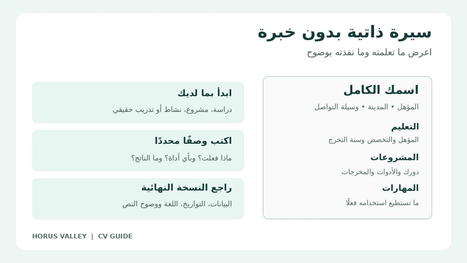 رسم توضيحي لأقسام سيرة ذاتية بدون خبرة: التعليم والمشروعات والمهارات