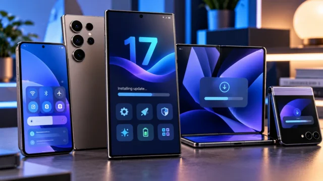 Premium Samsung-style smartphones and foldables showing an Android 17 system update and One UI controls