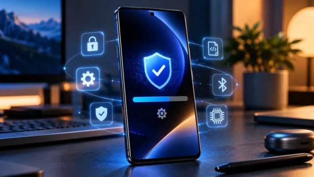 Premium Android smartphone installing a security update with shield, lock and protection icons