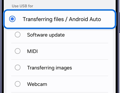 Android Auto Keeps Disconnecting? How to Fix USB and Wireless Dropouts 3 Official Samsung screenshot showing Transferring files / Android Auto selected in the Use USB for menu