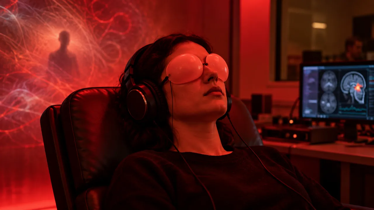 The Ganzfeld Experiment: Why the Brain Sees Images in Uniform Sensory Fields—and What Science Says About Telepathy 1 Conceptual illustration of a Ganzfeld sensory homogenization experiment in a red-lit laboratory