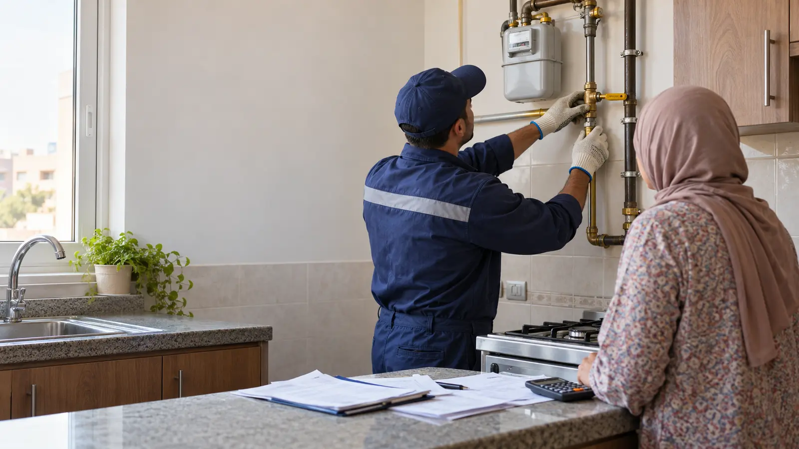 توصيل الغاز الطبيعي للمنازل 2026: الأوراق والتكلفة والتقسيط وخطوات التعاقد 1 فني يفحص توصيل الغاز الطبيعي داخل مطبخ شقة مصرية
