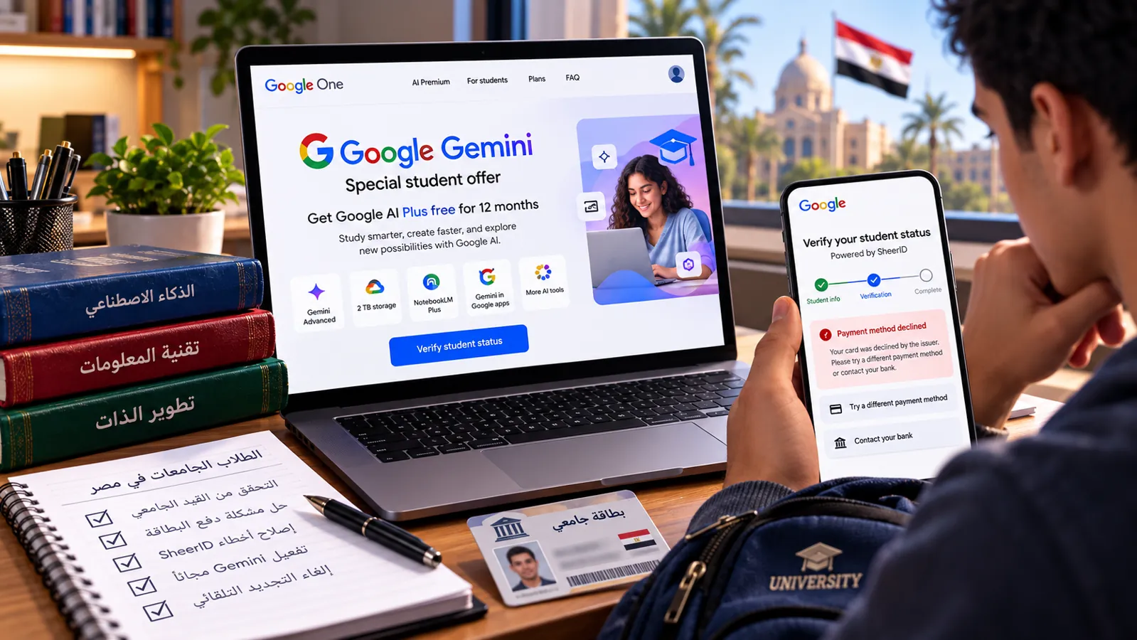 حل مشكلة رفض التحقق الجامعي أو بطاقة الدفع عند تفعيل Gemini المجاني في مصر.. الدليل الشامل للطلاب 1 طالب جامعي يحاول تفعيل اشتراك Google Gemini المجاني في مصر ويواجه مشكلة التحقق أو الدفع
