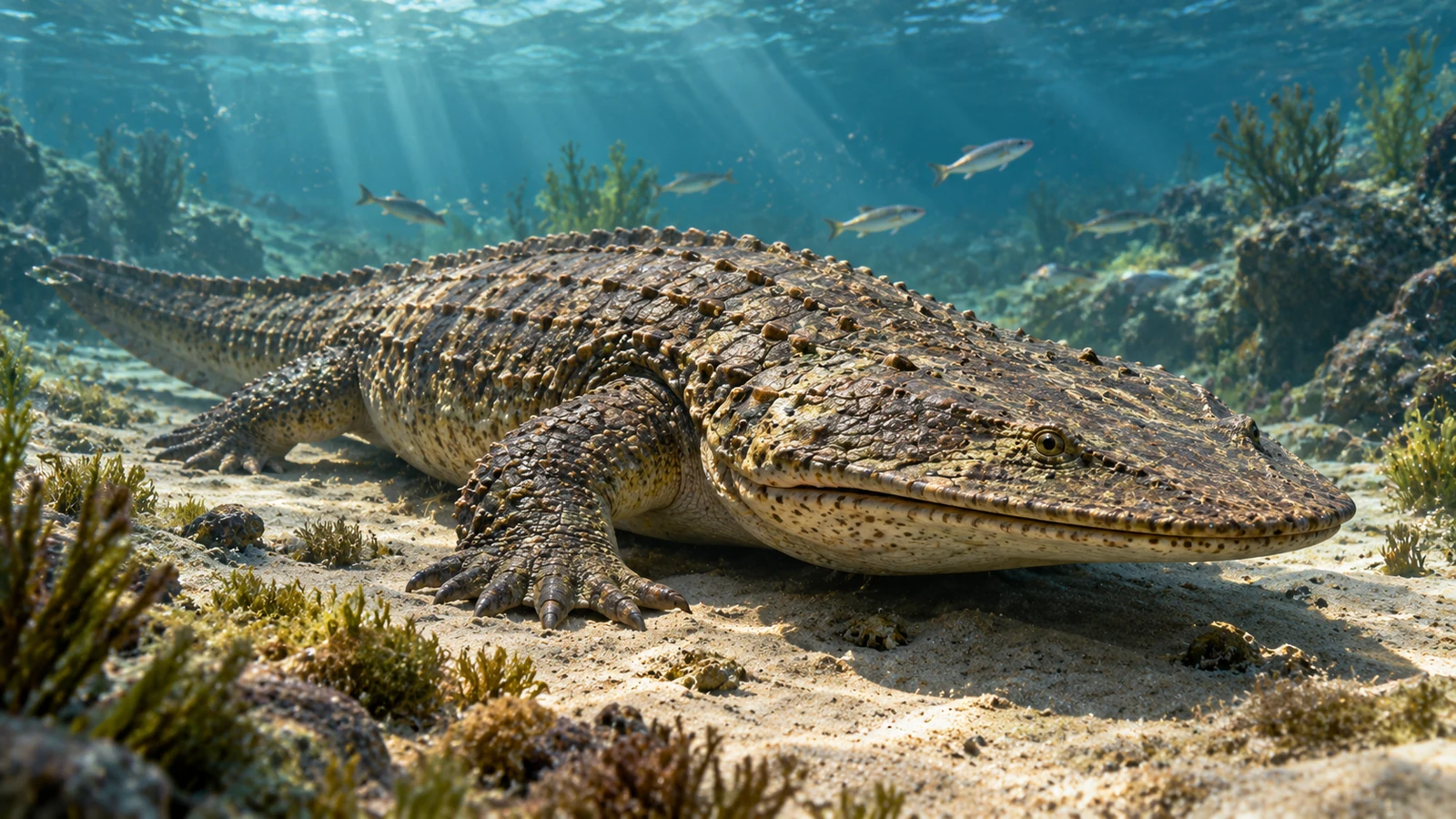 First Fully Marine Amphibian? The 237-Million-Year-Old Gerrothorax Discovery 1 Conceptual artwork of an armored ancient amphibian underwater near a seabed, not a photographed fossil