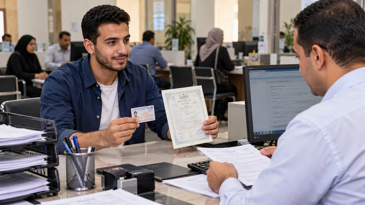 شاب يقدم بطاقة الهوية وشهادة الميلاد إلى موظف في مكتب خدمات حكومية
