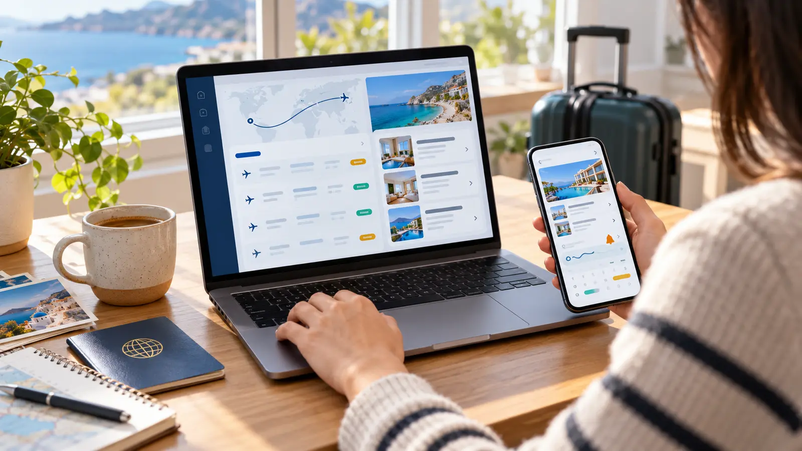 How to Use Google AI Mode for Flights, Miles, and Hotel Booking 1 Traveler comparing flight and hotel options with an AI travel search assistant