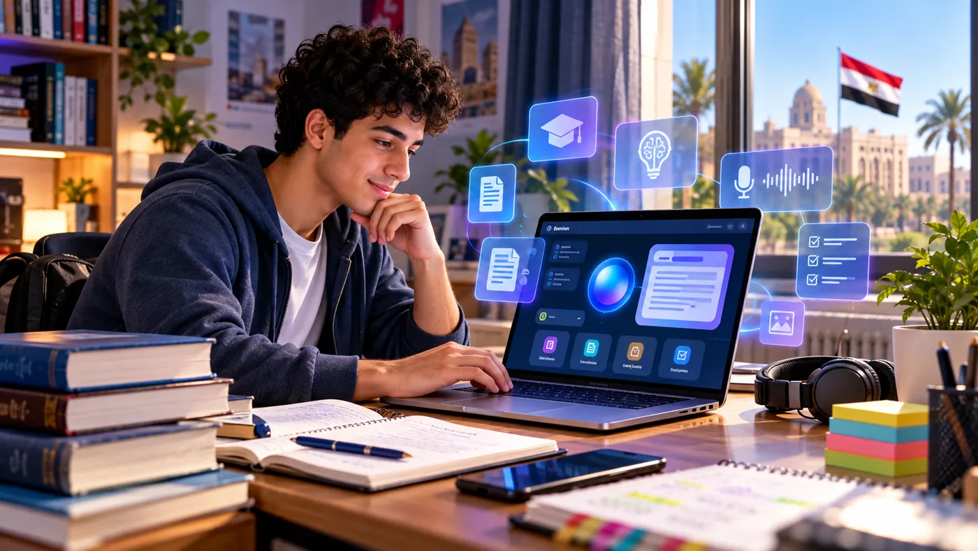Google AI Plus مجانًا لطلاب مصر لمدة سنة: الشروط والمميزات وطريقة التسجيل خطوة بخطوة 1 طالب جامعي مصري يستخدم أدوات Google AI Plus للمذاكرة والبحث وتنظيم المحاضرات