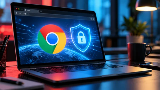 Laptop showing a Chrome browser icon beside a glowing cybersecurity shield and lock