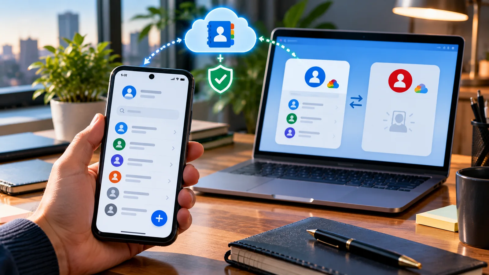 Google Contacts Disappeared After Changing Accounts? Find Your Numbers Without Losing Them 1 Phone contacts list and two Google accounts illustrated on a laptop to show contact syncing after account switching