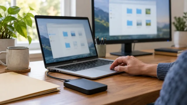 Laptop and monitor on a home-office desk with an external backup drive