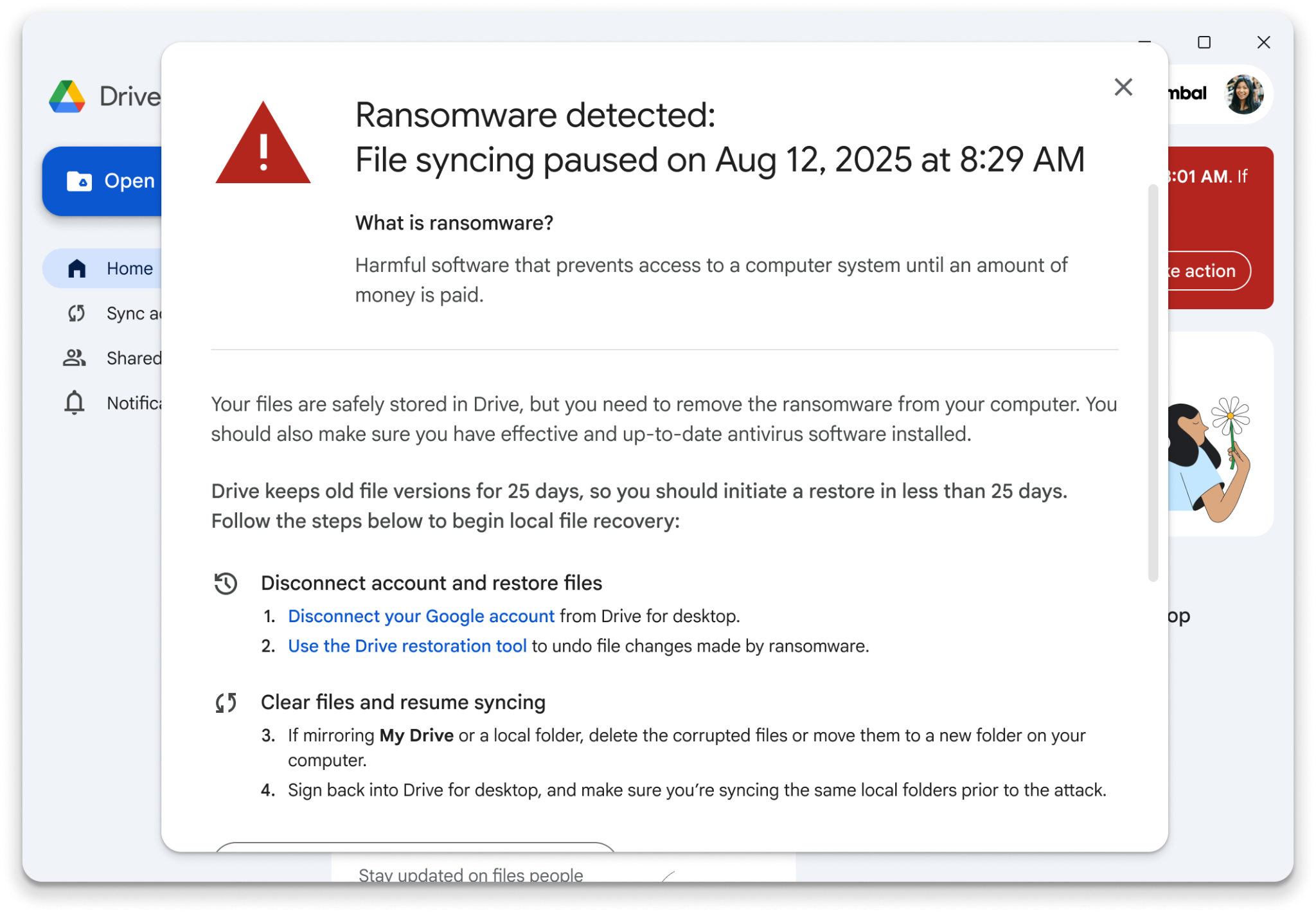 Google Drive for Desktop Not Syncing? Find the Cause Without Losing Files 3 Google's published Drive for desktop warning that file syncing paused after ransomware detection