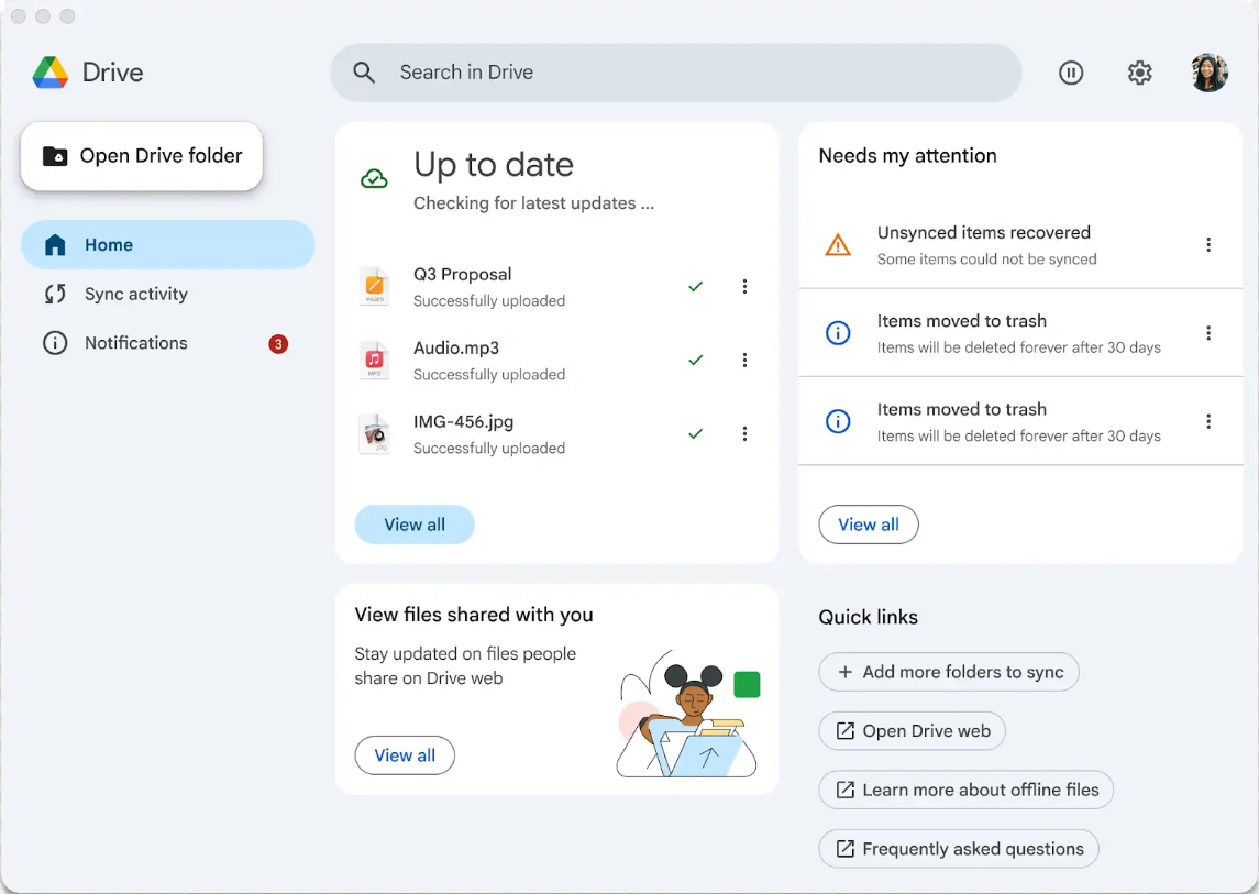 Google Drive for Desktop Not Syncing? Find the Cause Without Losing Files 2 Google's official Drive for desktop screenshot showing sync status, Sync activity, and notifications