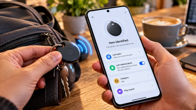 Android phone using NFC to identify a tracker tag attached to keys and a backpack