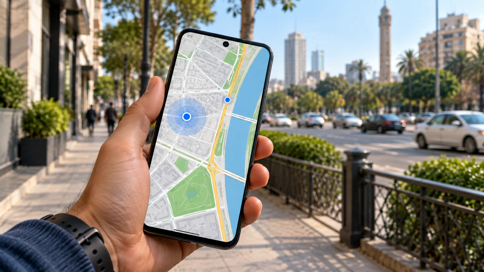 Why Is Google Maps Showing the Wrong Location? How to Fix GPS Accuracy on Android and iPhone 1 Hand holding a smartphone showing a navigation map and blue GPS location dot on a city street