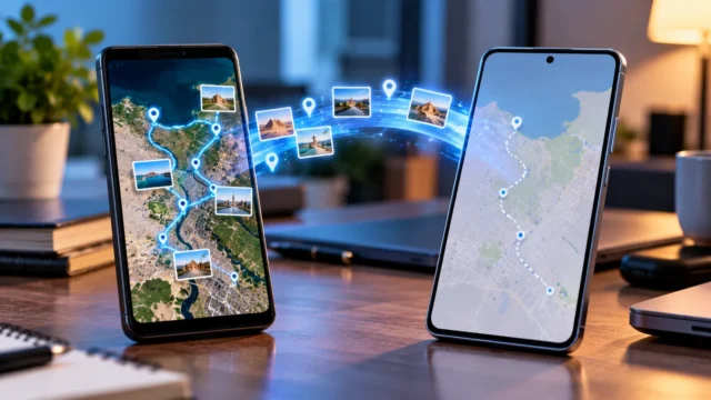 Two smartphones showing the transfer of Google Maps travel history and saved routes