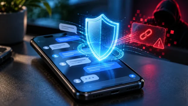 Concept art of AI scam warnings and a glowing digital shield protecting messages on a smartphone