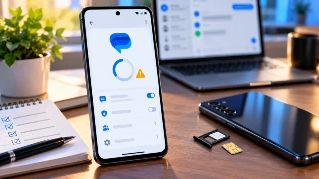 Android smartphone with an RCS setup warning and loading indicator beside a SIM card, second phone and troubleshooting checklist