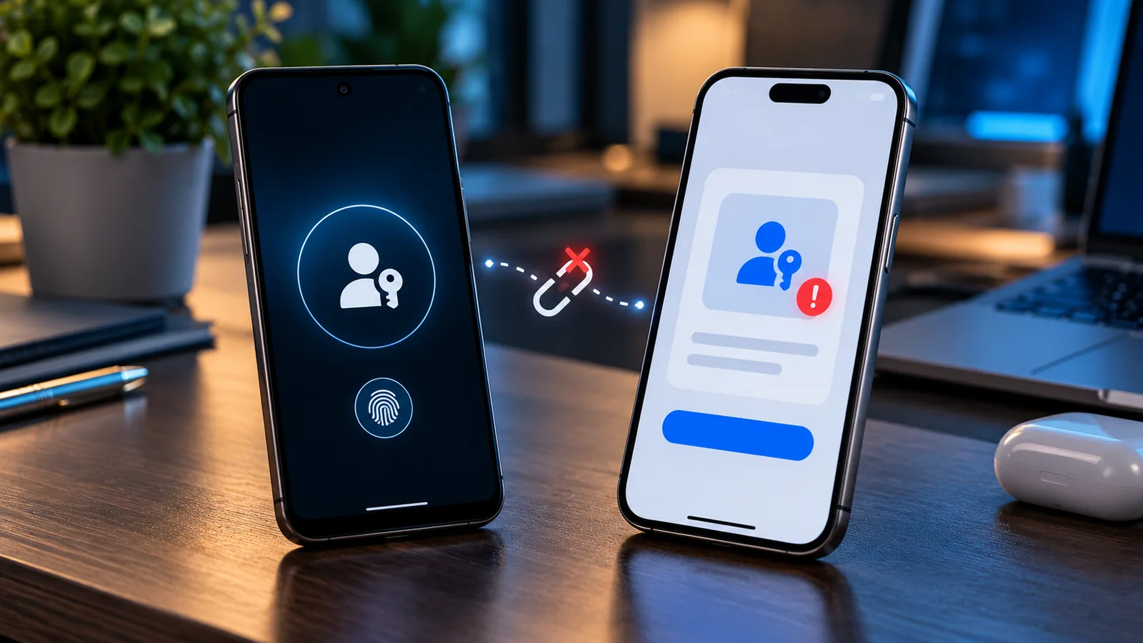 Two smartphones representing a Google passkey sign-in error and an interrupted secure credential transfer during a phone upgrade