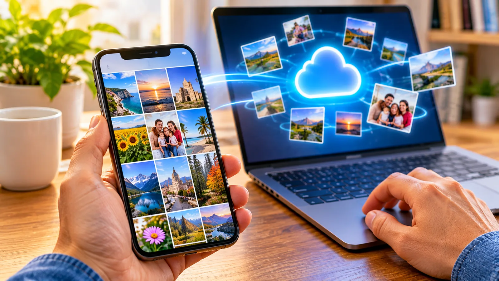 Person reviewing a phone photo gallery beside a laptop displaying a cloud backup symbol; AI-generated conceptual illustration