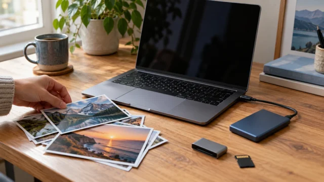 An open laptop with an external SSD, memory card and landscape photo prints on a desk