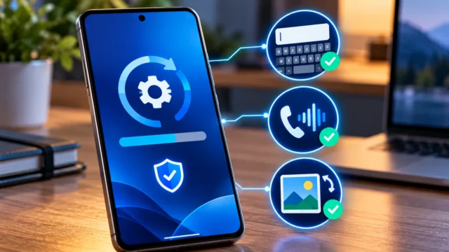 Android smartphone installing a security update with keyboard, call audio and photo rotation fix icons