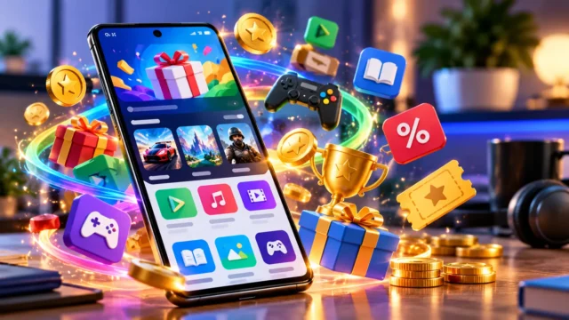 Android phone surrounded by rewards, game icons, discounts and gift boxes representing Google Play Fest 2026