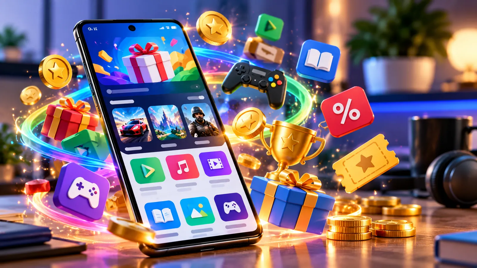 Google Play Fest 2026: Dates, Rewards, Play Points and How to Get the Best Deals 1 Android phone surrounded by rewards, game icons, discounts and gift boxes representing Google Play Fest 2026