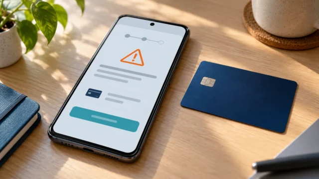 هاتف يعرض رمز تنبيه في واجهة دفع تعبيرية بجوار بطاقة بلا بيانات