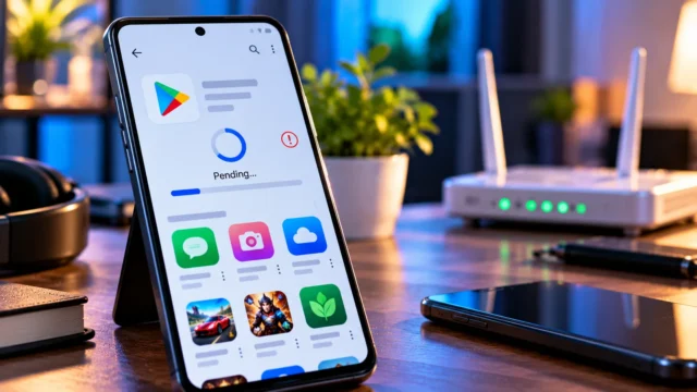 Android phone showing a Google Play Store app download stuck on Pending beside a Wi-Fi router