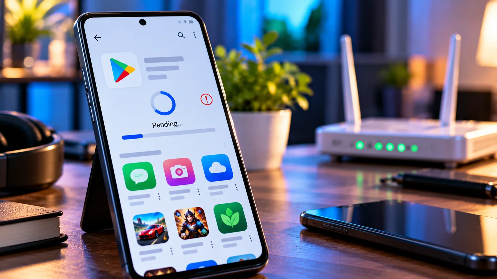 Google Play Store Pending Download? How to Fix Apps Stuck on Pending 1 Android phone showing a Google Play Store app download stuck on Pending beside a Wi-Fi router