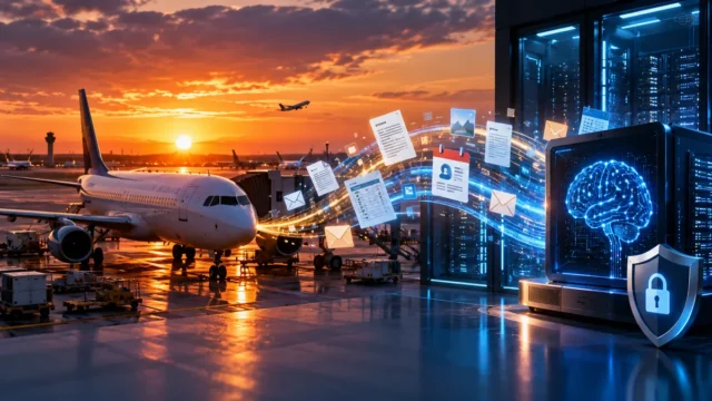 Commercial airplane beside a data center with digital documents flowing toward an artificial intelligence system