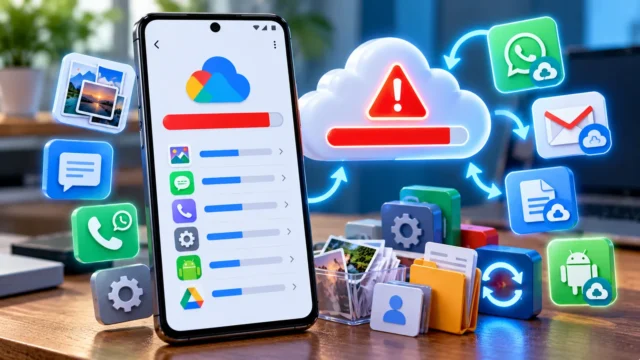 Android phone and cloud storage warning with backup, photos, messages and files illustrating a full Google Account