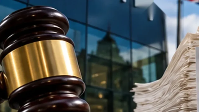 A judge’s gavel in front of a modern technology building during a major UK legal dispute